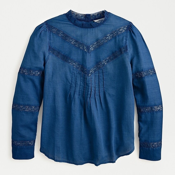 J. CrewLace-Trim Mockneck Chambray Blouse in Indigo Voile
